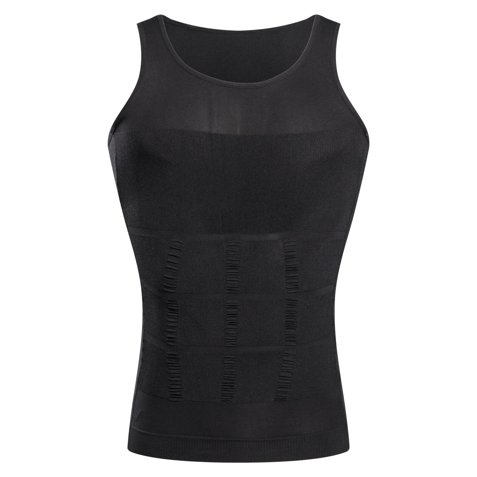 Foundation Singlet black garment front showing neckline, compression panels and hem