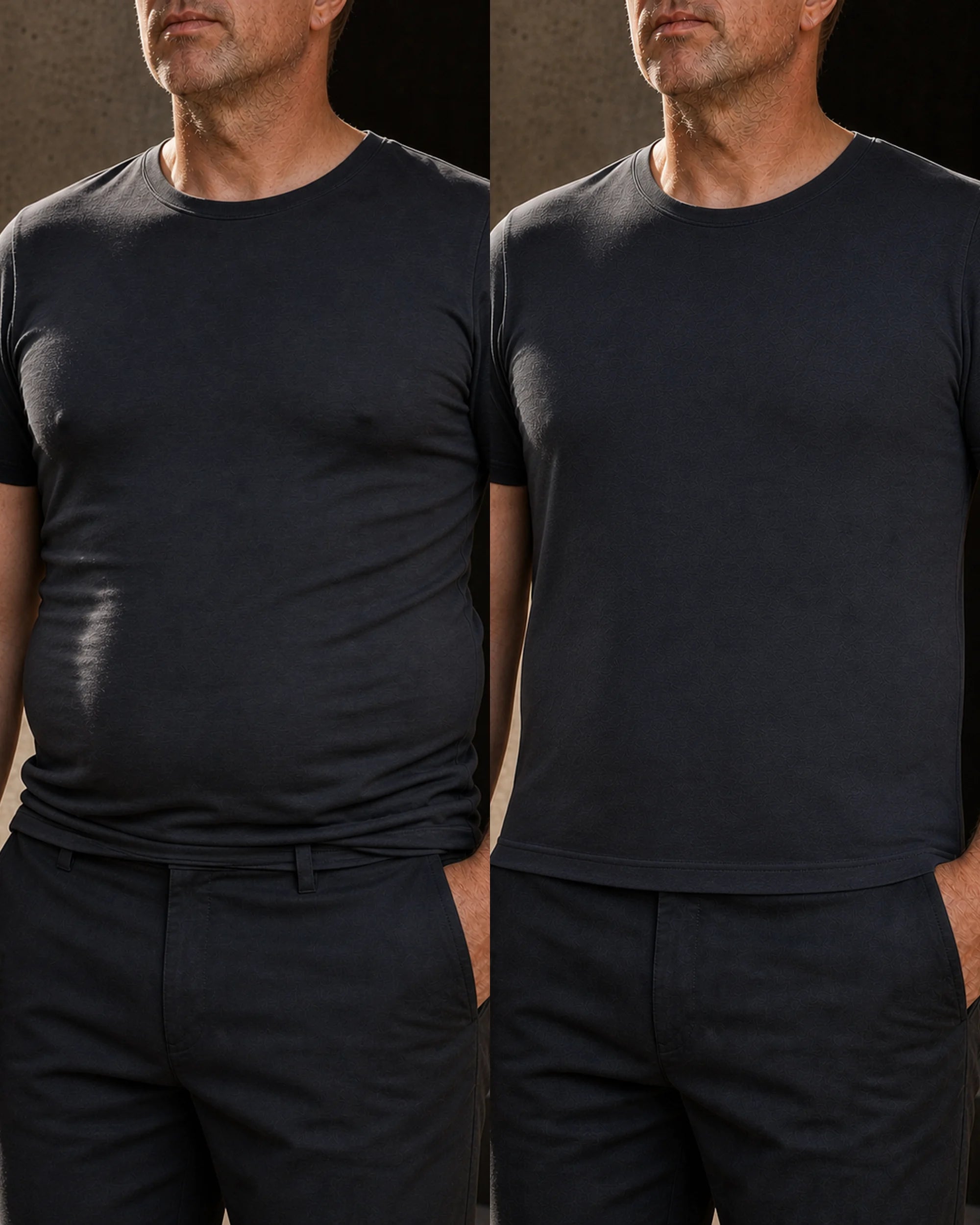 Controlled same-shirt comparison showing the visible fit difference while the Foundation Singlet is worn underneath