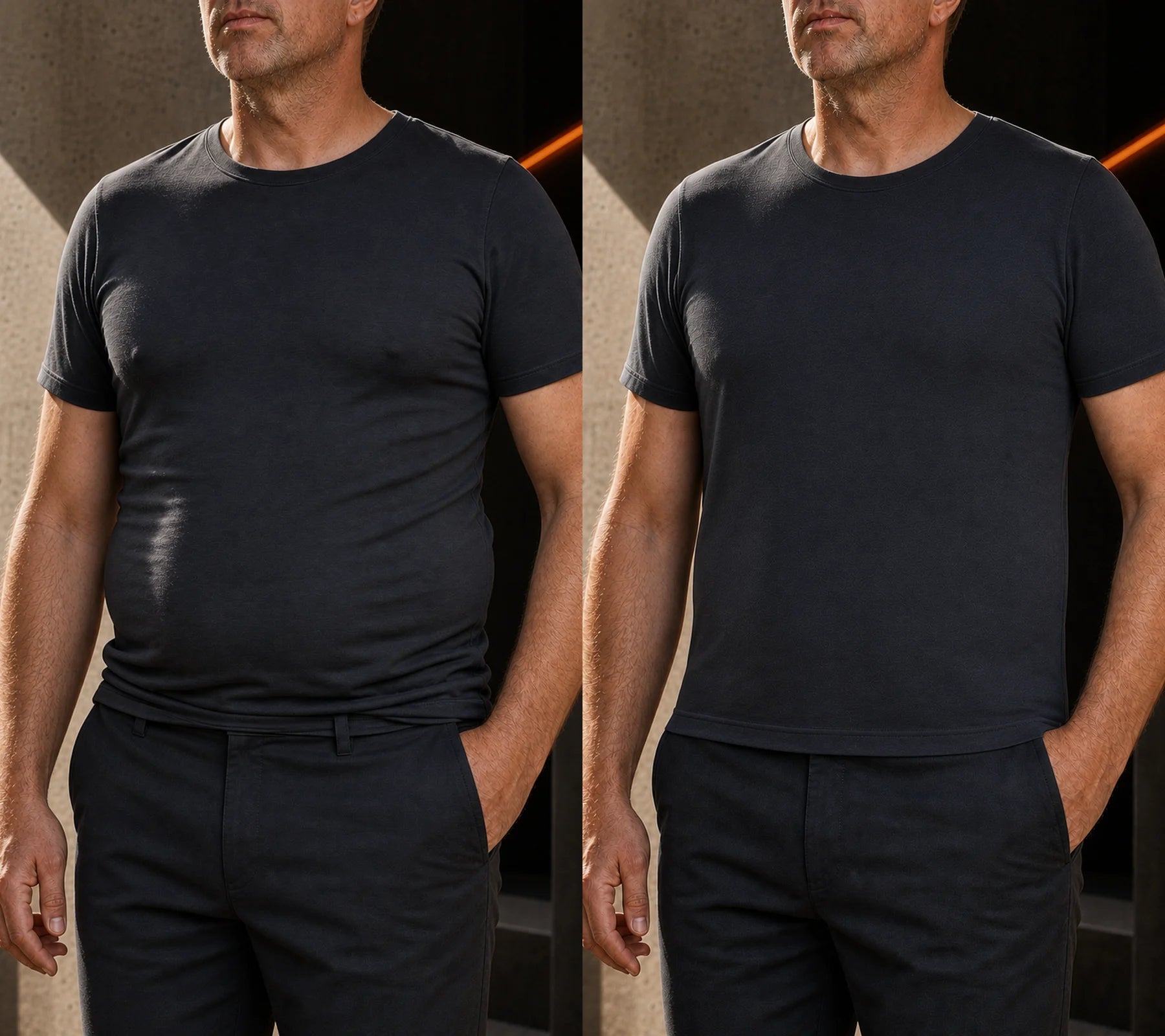 Matched front comparison showing a flatter chest and cleaner shirt front with Under Rig