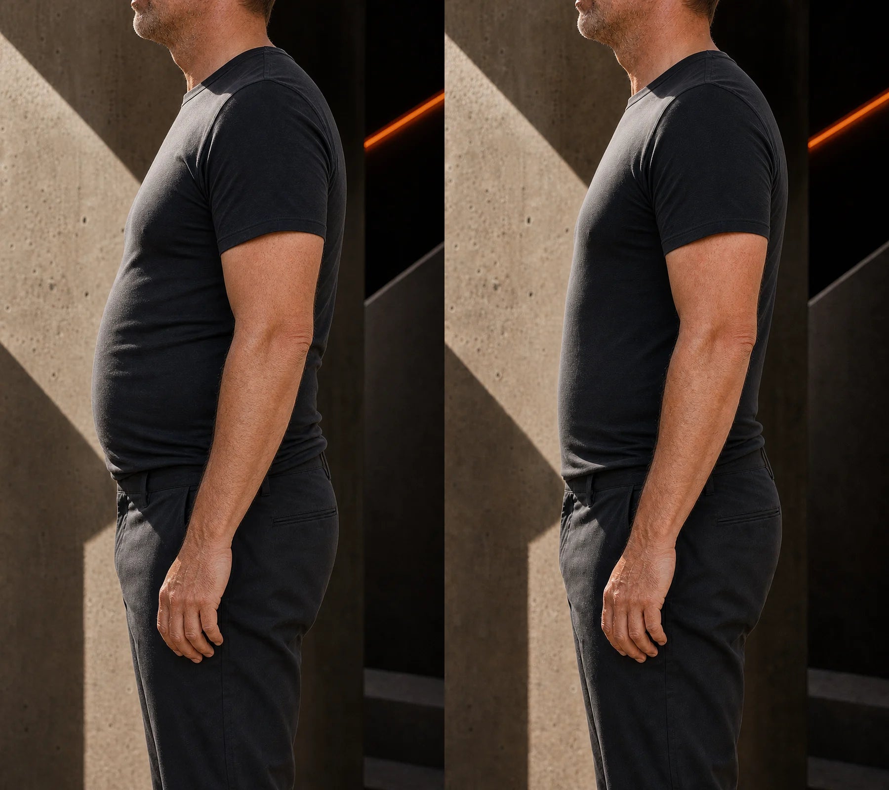 Matched side comparison showing reduced stomach projection with Under Rig
