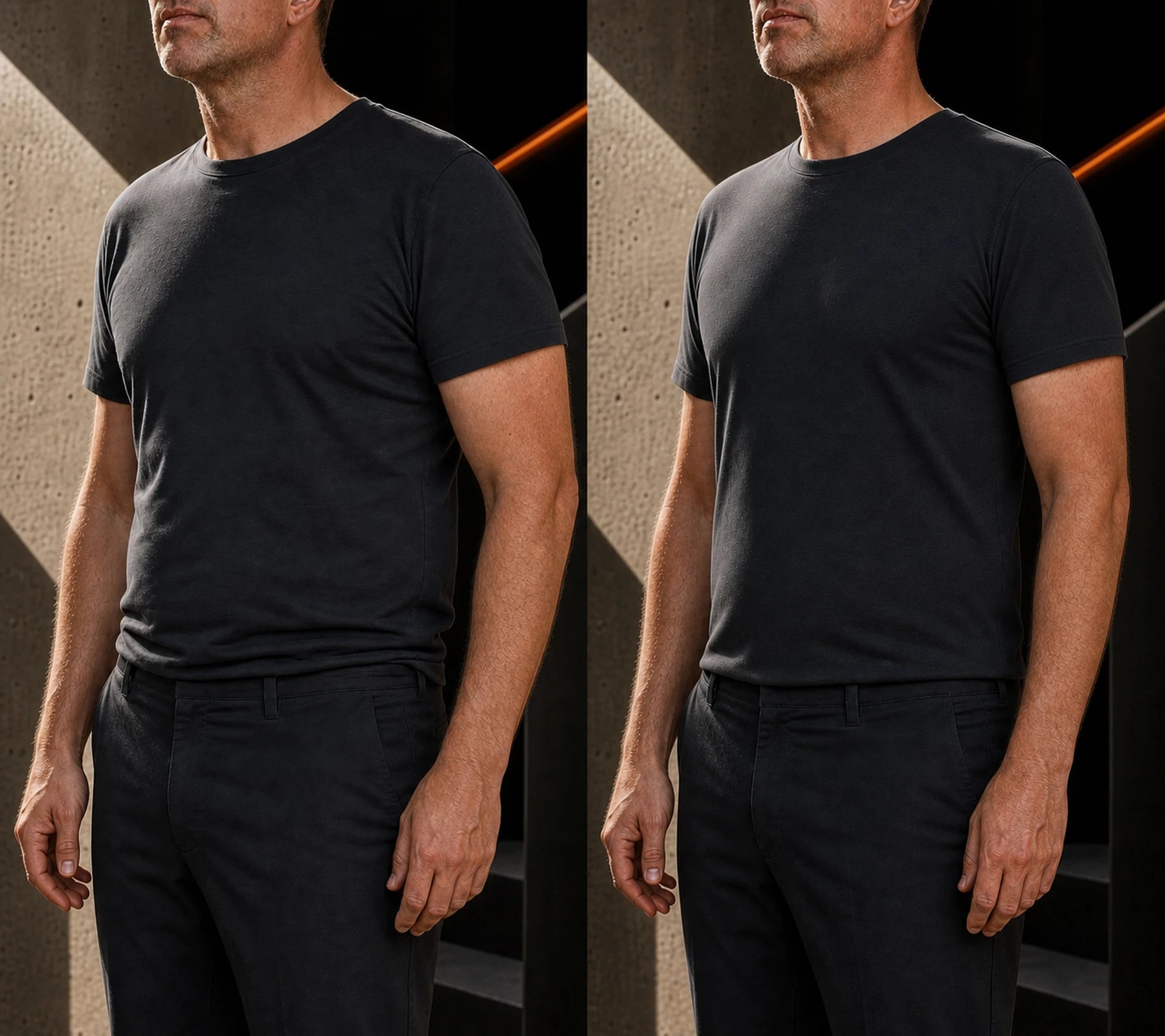 Matched posture comparison showing shoulders sitting further back while wearing Under Rig