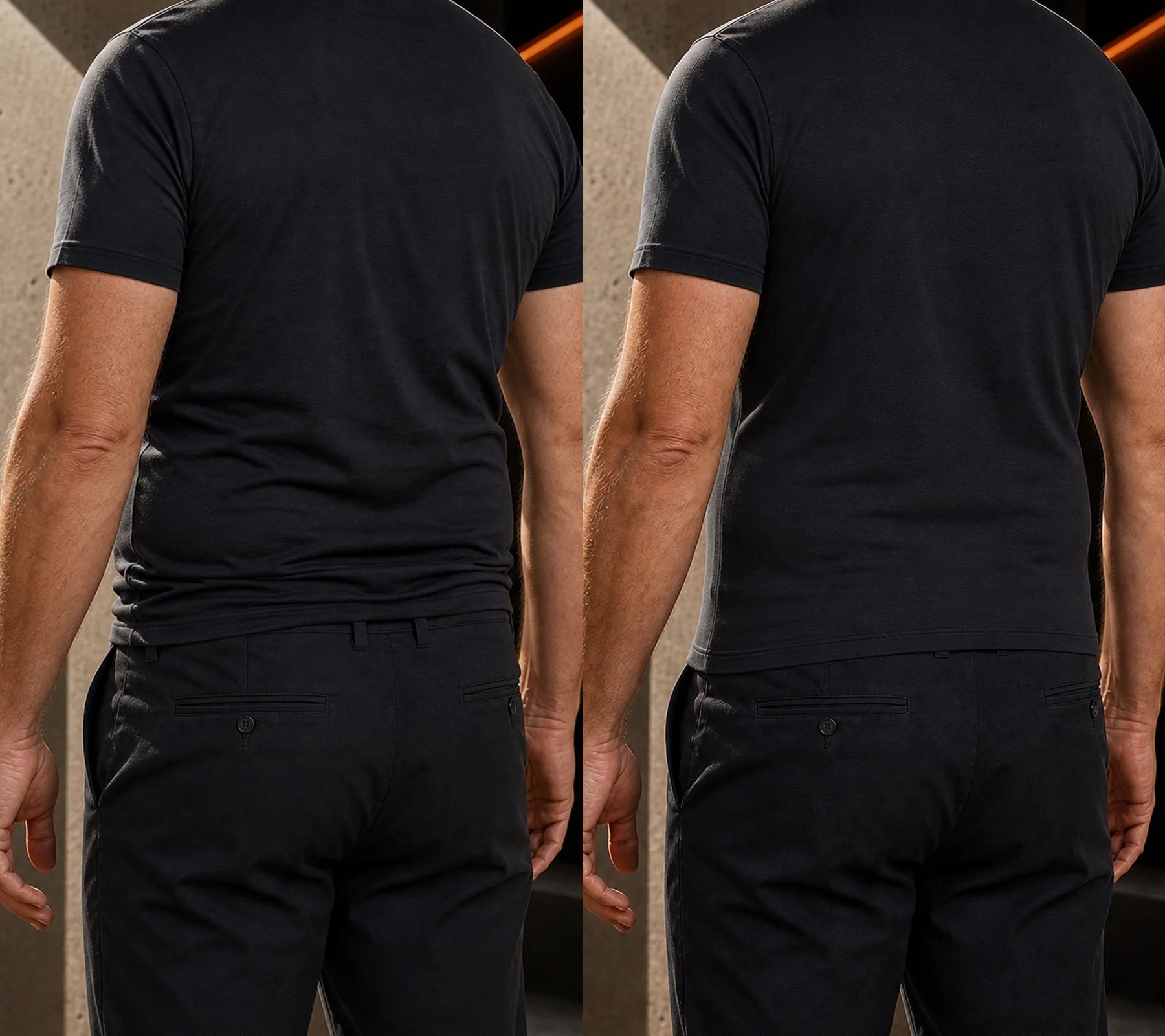 Matched waistband comparison showing smoother sides and a cleaner shirt-to-trouser transition with Under Rig
